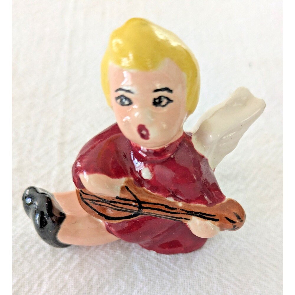 Vintage Ceramic Angel Figurine Playing Lute Mandolin Red Dress Blonde Hair 3"